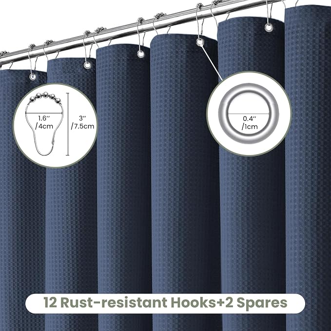 Inhousolu Fabric Shower Curtain Waffle Weave, Weighted Hem, 14 Metal Hooks - Image 2