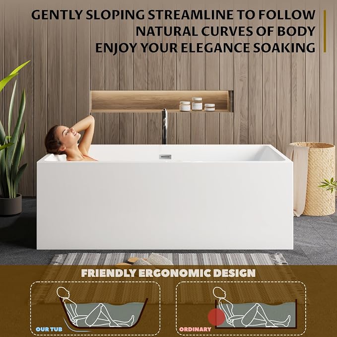 59" Freestanding Bathtub，Acrylic Deep Soak Tub, Glossy White, Easy Install - Image 4
