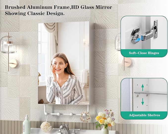 ANYHI 24"x16" Silver Bathroom Mirror Medicine Cabinet, Single Door Bathroom - Image 4