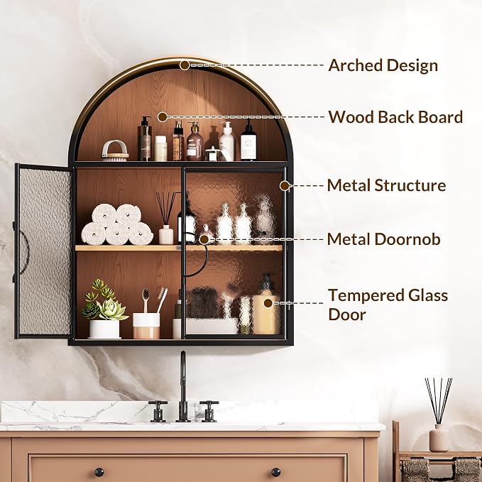 BECHAEO Arched Wall Cabinet Over Toilet Bathroom Organizer, No Assembly Metal - Image 3