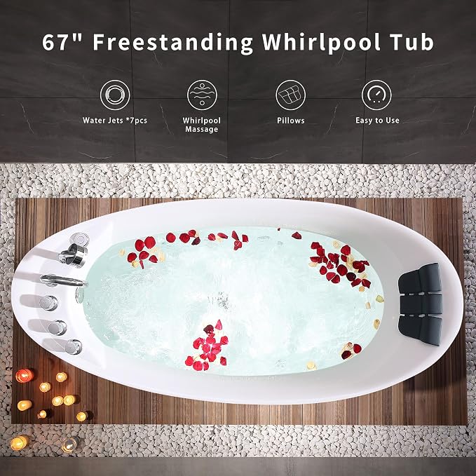 67 in. Acrylic Freestanding Bath Tub Hydromassage Gracefully Oval Shaped 7 - Image 2