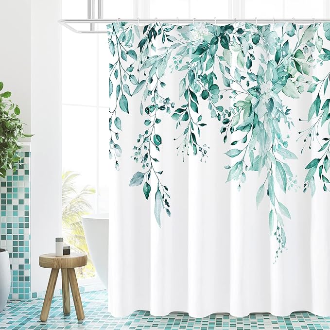Gibelle Long Shower Curtain 72 x 78, Teal Floral Shower Curtain by Gibelle