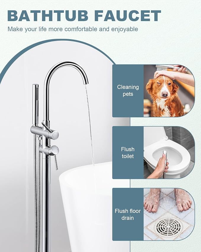Freestanding Tub Filler Faucet Chrome: High Flow Brass Floor Mount Bathtub - Image 5
