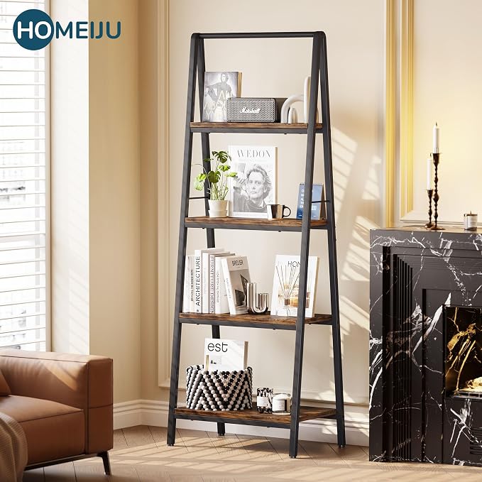 Homeiju 4-Tier Leaning Ladder Bookshelf, Rustic and Wood Ladder Shelf Bookcase - Image 4