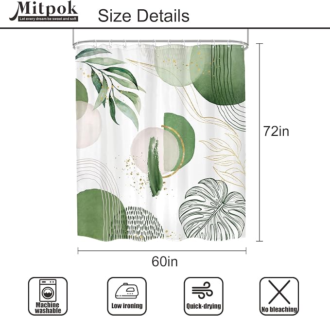 Green Boho Shower Curtain 60Wx72H Bohemian Mid Century Modern Abstract Palm - Image 5