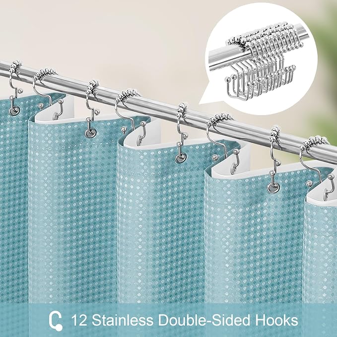 3 in 1 Shower Curtain Set, Teal Blue Waffle Shower Curtain and PEVA Liner Set - Image 3