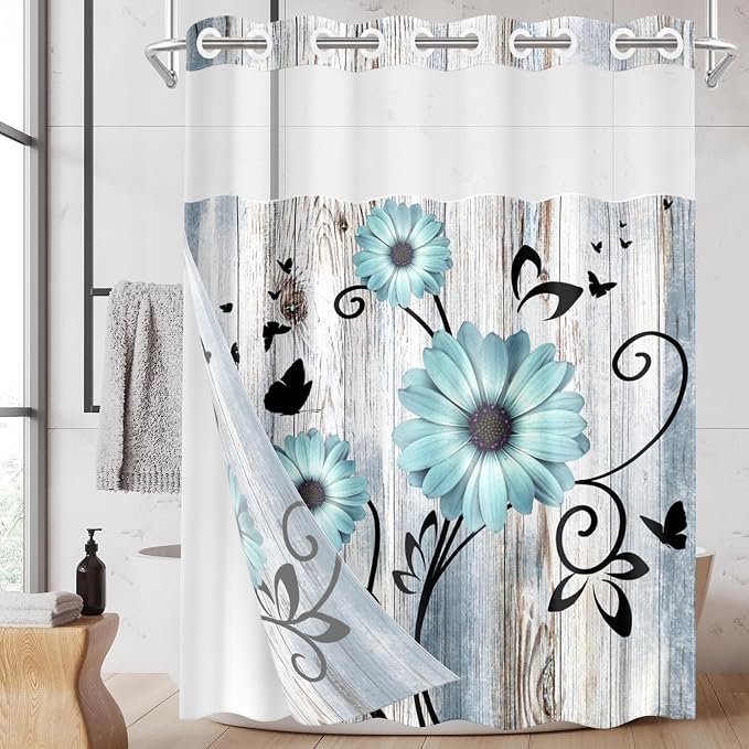 No Hook Teal Flower Shower Curtain by Nesphy