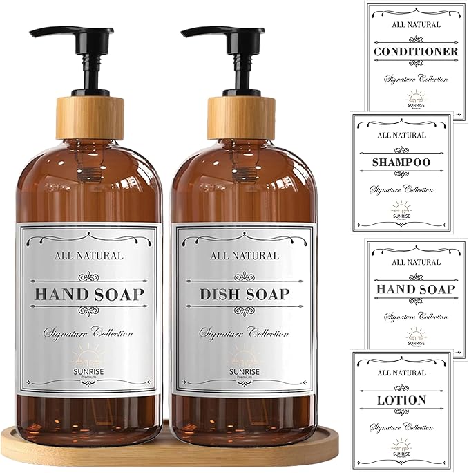 16 OZ Thick Amber Glass Soap Dispenser, Bamboo Pump - Image 7