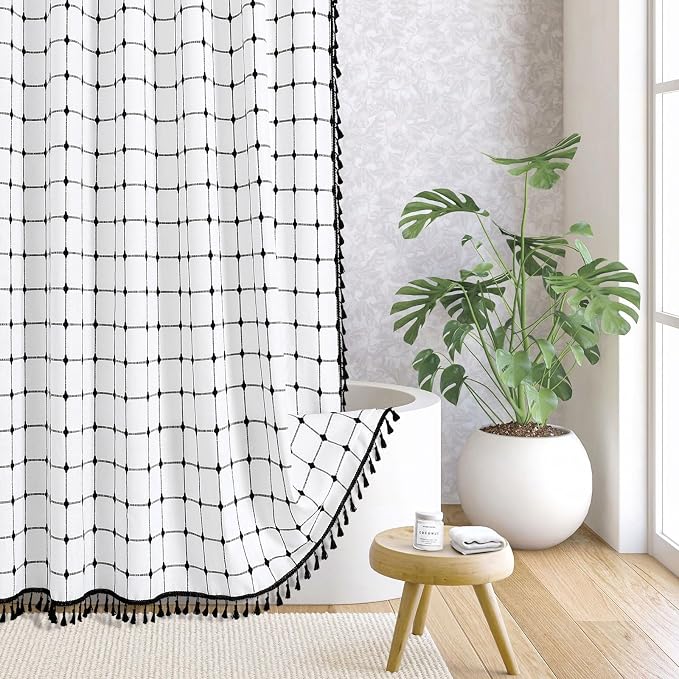 MitoVilla White Black Boho Shower Curtains by MitoVilla