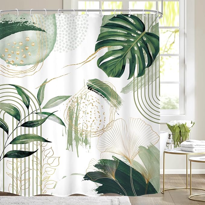 Sage Green Boho Shower Curtain Extra Long Modern Abstract Tropical Leaves by MitpokBrand