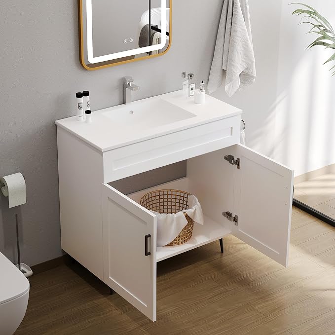 36" Bathroom Vanity with Sink, Freestanding Wooden Bathroom Vanity with 2 Doors - Image 5