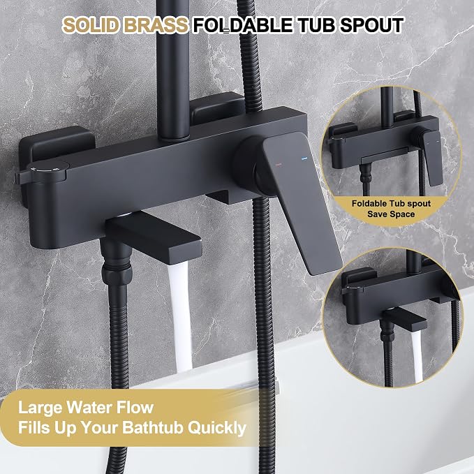 Shower Systems with 12 x8 Inches Rain Shower Head, Matte Black Exposed Pipe - Image 6