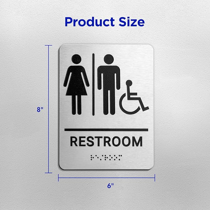 Restroom Sign, Brushed Aluminum ADA Raised Braille Restroom Signage - Image 7