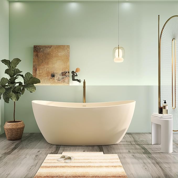 65" Premium Solid Surface Freestanding Bathtub, Modern Cream Design Stone Resin by HIGEINE