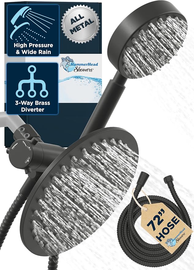 HammerHead Showers® Solid Metal Dual Shower Head Combo – MATTE BLACK – 8 Inch by HammerHeadShowers