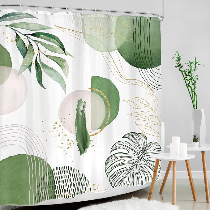 Green Boho Shower Curtain 60Wx72H Bohemian Mid Century Modern Abstract Palm - Image 3