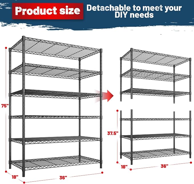 Storage Shelves Metal Shelving Unit 6Tier Wire Shelving Rack 1200LBS Heavy Duty - Image 3
