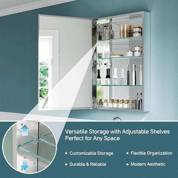 Medicine Cabinet with Mirror 24"x36", Modern Aluminum Medicine Mirror Cabinet - Image 4