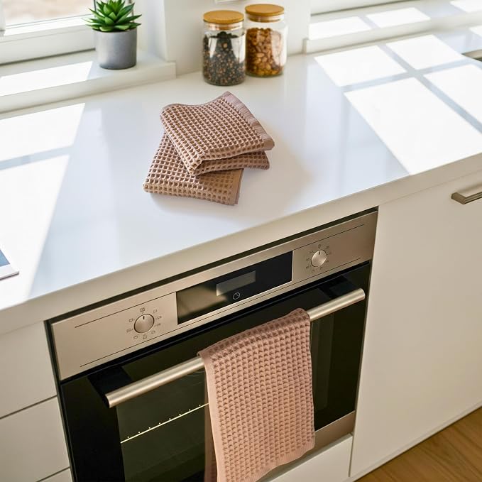 PÜSKÜL Waffle Kitchen & Hand Towel Organic 100% Turkish Cotton Set of 3 Beige - Image 6
