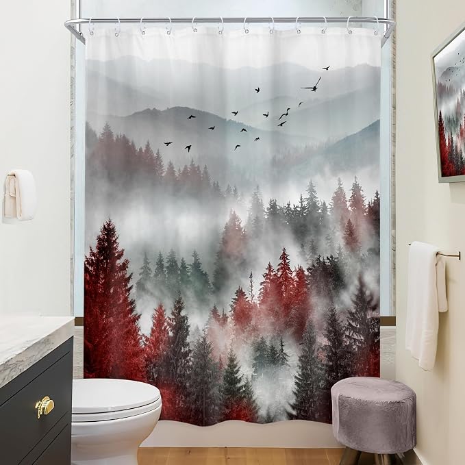 Riyidecor Red Black Mountain Shower Curtain 48Wx72H Inch, Stall Narrow Rv Small - Image 4