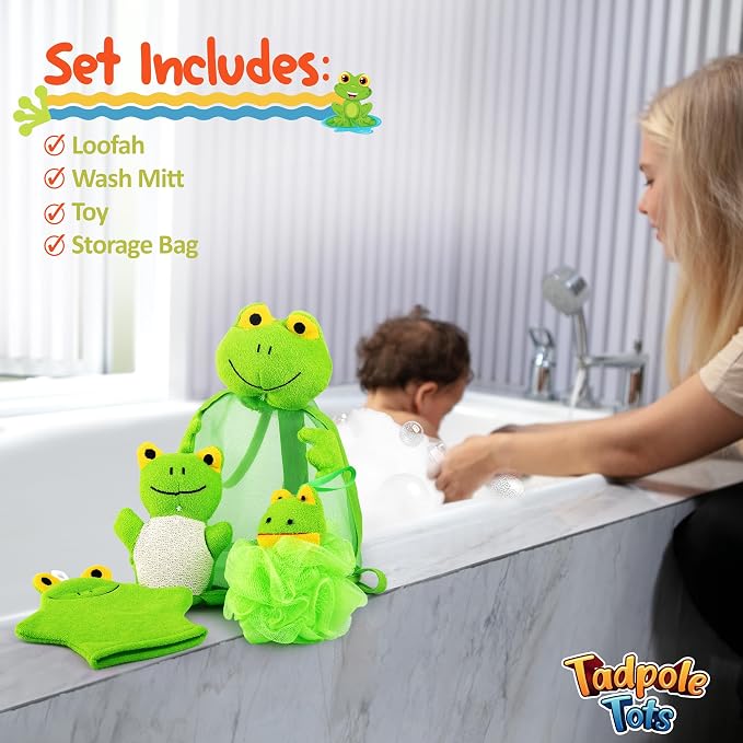 Baby Bath Set – Soft & Durable Frog-Themed Loofah Scrubber Kit – Cute Cartoon - Image 2