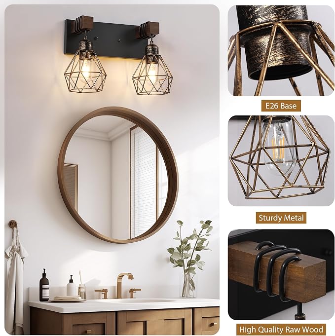 Farmhouse Vanity Light for Bathroom, 2-Light Black Gold Wood Bathroom Vanity - Image 3