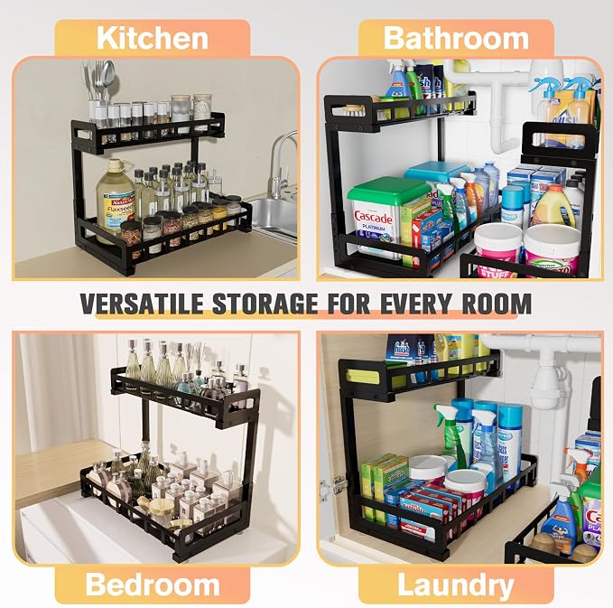 Under Sink Organizer 2 Pack, Metal Large Capacity 2-Tier Sliding Cabinet - Image 7
