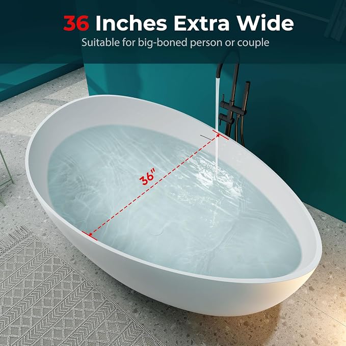 SJ STAR&JANE 63" x 38" Solid Surface Freestanding Bathtub, Oval Soaking Tub - Image 6