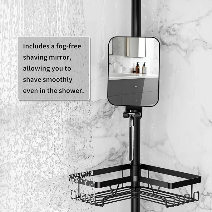Shower Caddy Tension Pole with Anti-Fog Shaving Mirror, Tension Rod Shower - Image 2