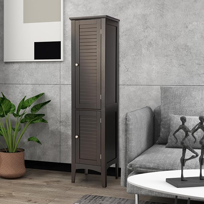 COSTWAY Tall Bathroom Storage Cabinet, 5-Tier Freestanding Linen Tower Cabinet - Image 9