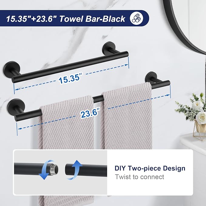 5 Pieces Matte Black Bathroom Hardware Set, 23.6-inch+15.35-inch Bathroom Towel - Image 2