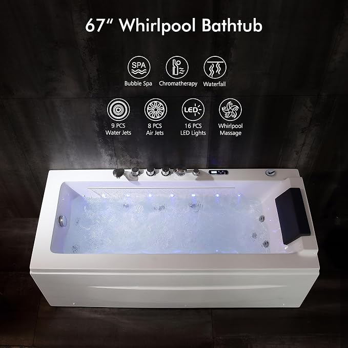 Empava Whirlpool Bathtub, 67-Inch Jetted Bathtub, Hydro Massage - Image 3