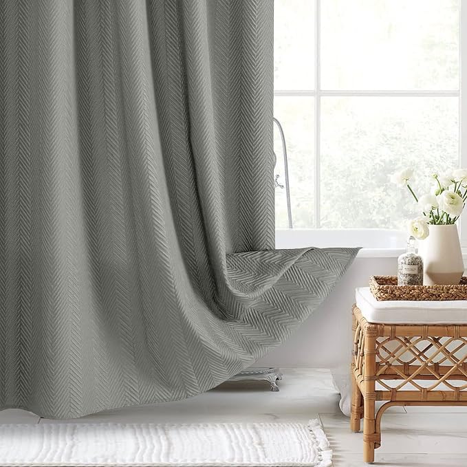 Gibelle Grey Shower Curtain, 3D Embossed Textured Herringbone Fabric Shower - Image 5