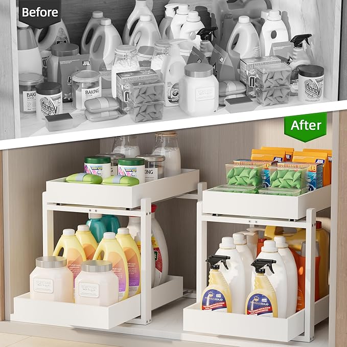 2 Pack Under Sink Organizer, Bamboo Wooden 2-Tier Pull-Out Storage - Image 5