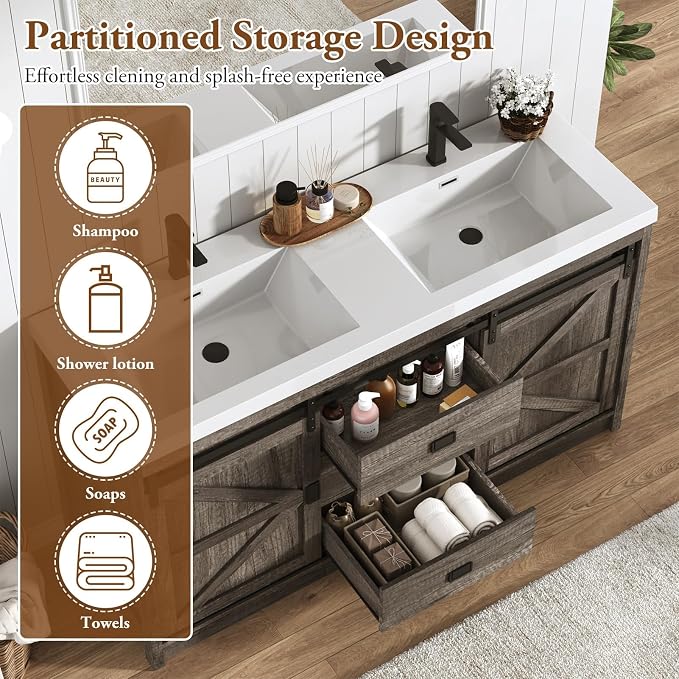 Double Bathroom Vanity with Sink & Faucet & Sewer Pipes, Double Sink Vanities - Image 4