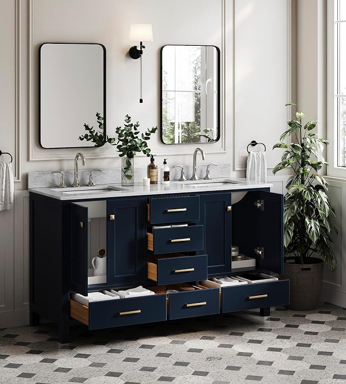 ARIEL Cambridge 61 Inch Midnight Blue Bathroom Vanity Double Sink, Solid Wood - Image 3