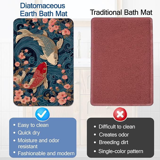 Koi Bath Mat, Japanese Waves Cherry Blossoms Bathroom Rugs, Absorbent Bath Rug - Image 5