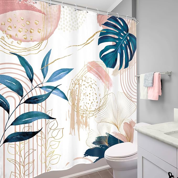 Pink Blue Boho Shower Curtain Modern Abstract Tropical Palm Leaves Bohemian - Image 4
