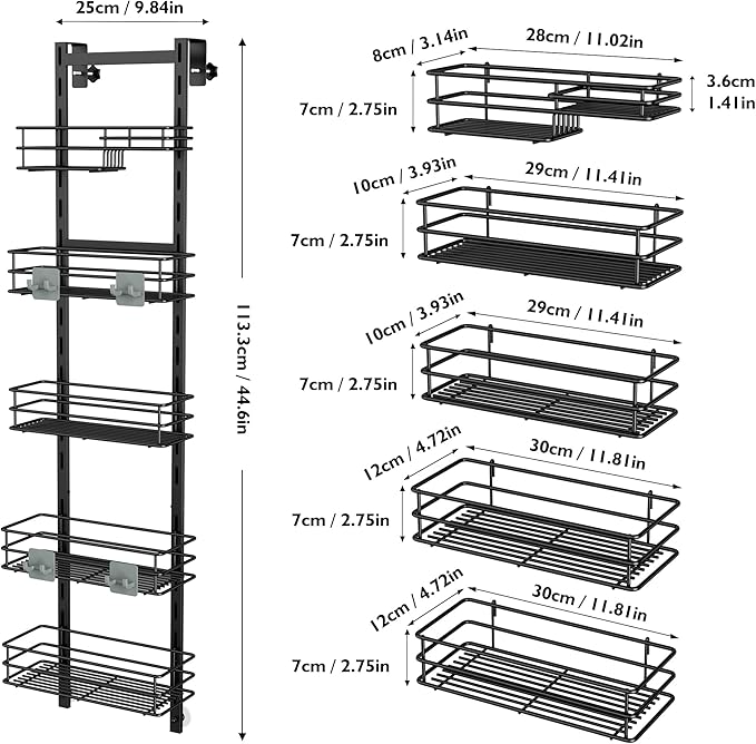 Orimade Over the Door Shower Caddy Adjustable 5 Tier Black, Bathroom Hanging - Image 8
