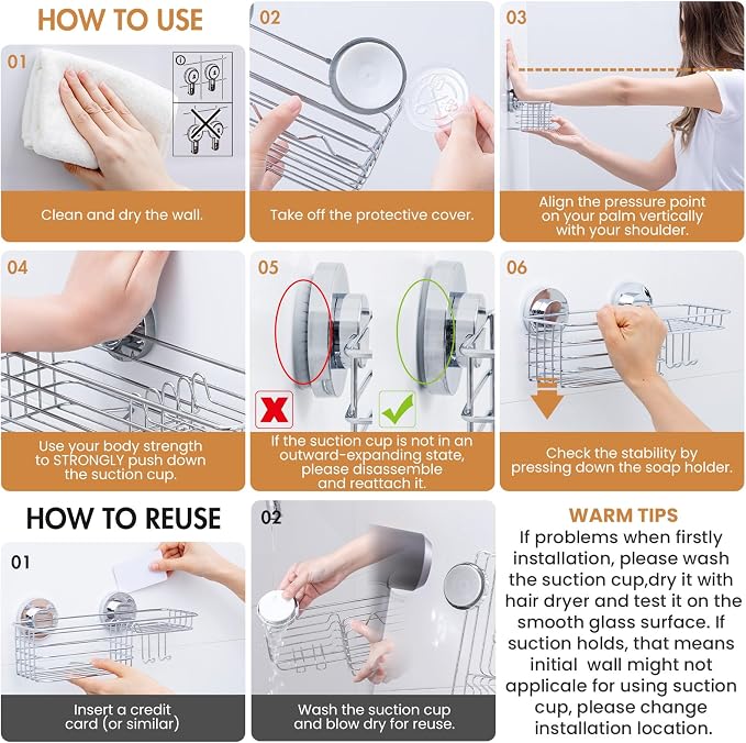 LEVERLOC Shower Caddy Suction Cup, Shower Organizer Removable Bathroom Shelf - Image 3