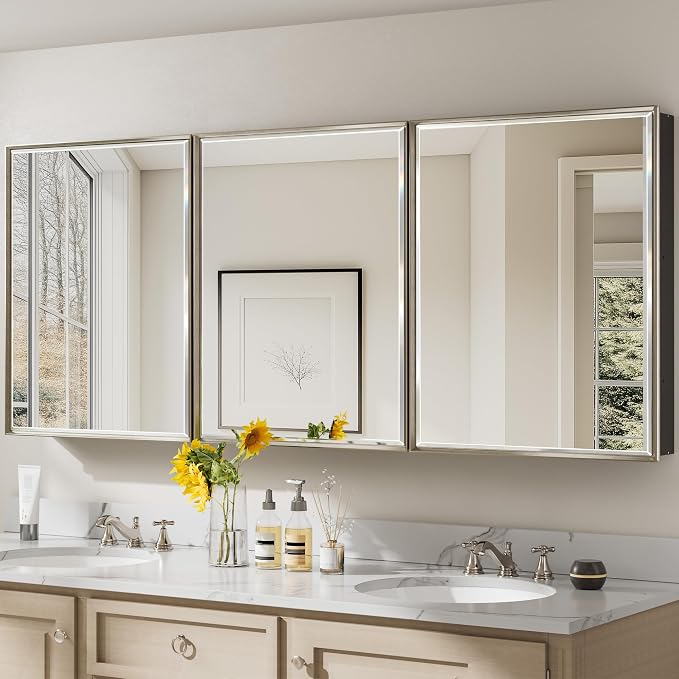 Pre-Assembled Surface or Recessed Medicine Cabinet Mirror-72x30 Brushed Nickel by QUEENFUN