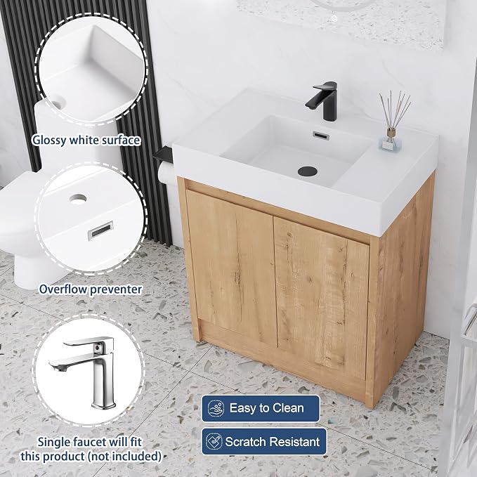 Bathroom Vanity with Sink, 30 in Freestanding Bathroom Single Sink Cabinet - Image 3