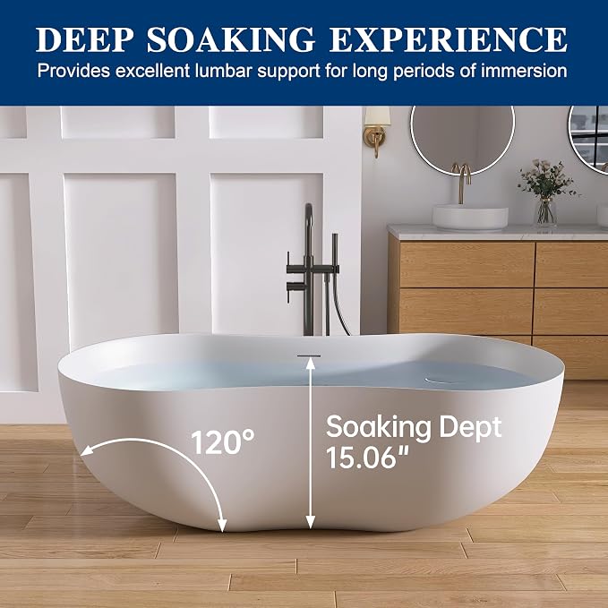 67 Inch Stone Resin Freestanding Bathtub, Contemporary Peanut Oval Stand Alone - Image 7