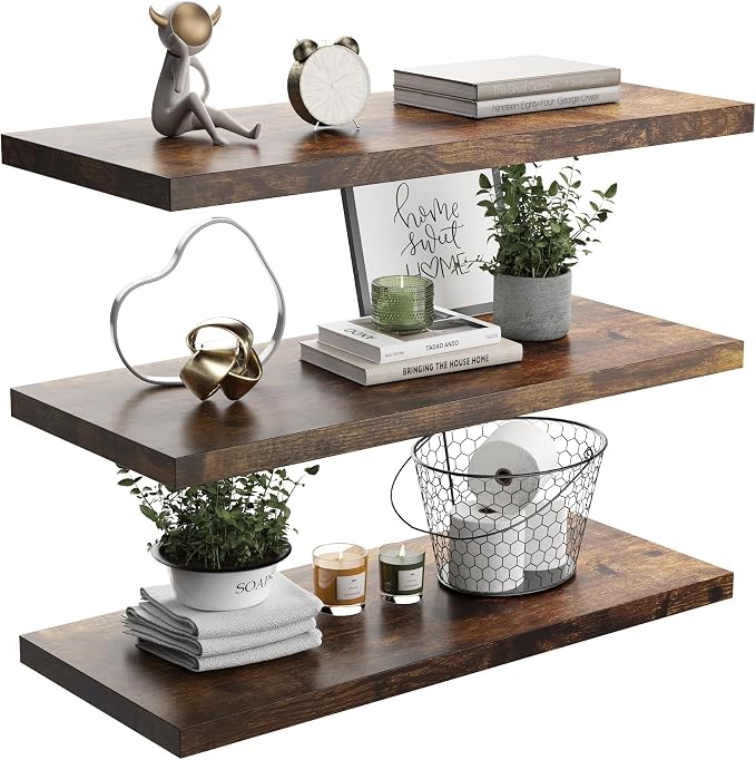 Wall Shelf Set of 3, Rustic Brown Floating Shelves 24 in W x 10 in D x 1 in H by Home