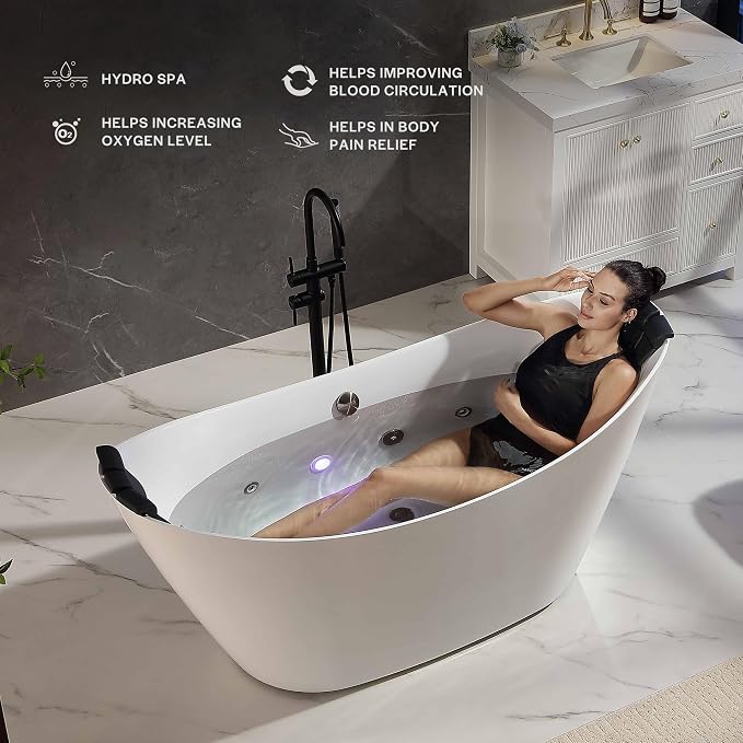 Empava Update Acrylic Whirlpool Bathtub, 67-Inch Freestanding Boat Shaped - Image 4