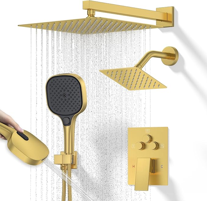 Shower Faucet Set Brushed Gold Shower System, Push Button Diverter 3-Way Shower by SFGSOWOR