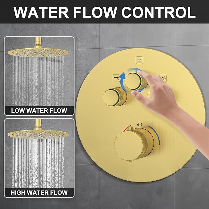 KOJOX Brushed Gold Thermostatic Shower System, Push Button Diverter Shower - Image 4