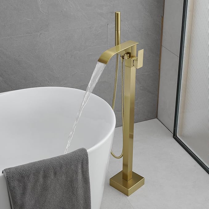 RUMOSE Tub Filler Freestanding Bathtub Faucet Brushed Gold Floor Mount Tub - Image 9