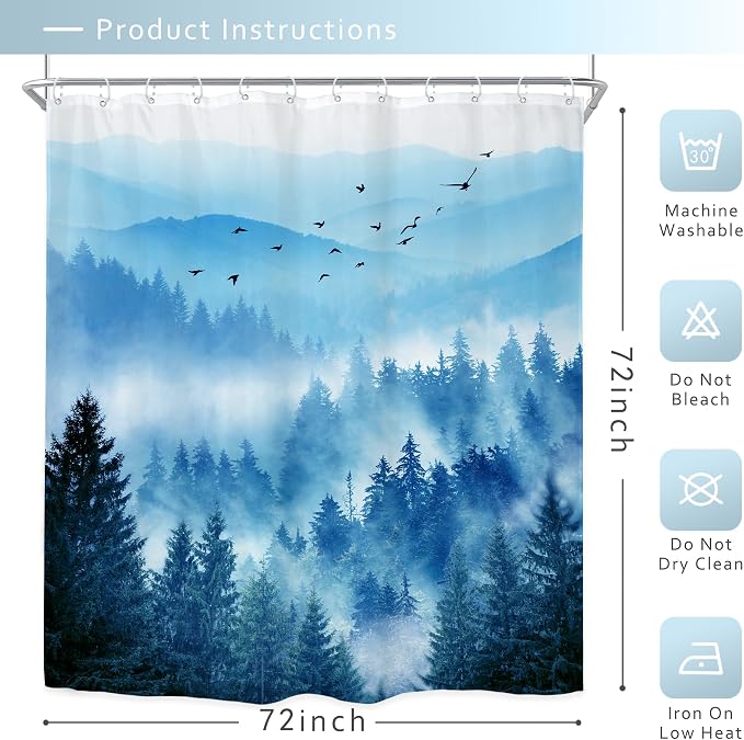 Riyidecor Navy Blue Shower Curtain，Mountain Nature Woodland Scenery，Park Scene - Image 4