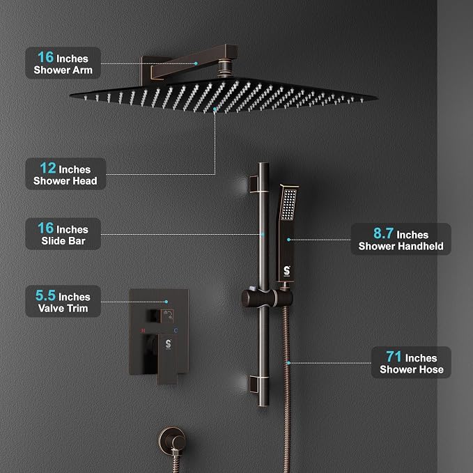 SR SUN RISE 12 Inch Oil Rubbed Bronze Shower Faucet Set, Wall-Mount Adjustable - Image 7